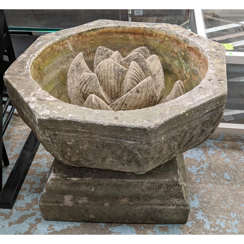 374 - ARCHITECTURAL LOTUS FLOWER WATER COUNTAIN IN URN, 65cm diam x 47cm, composite stone. (2)