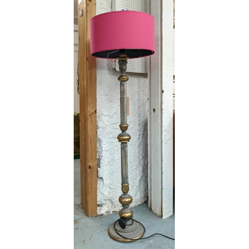 391 - STANDARD LAMP BASE, 120cm H, pink shape, distressed grey and gilt finish.