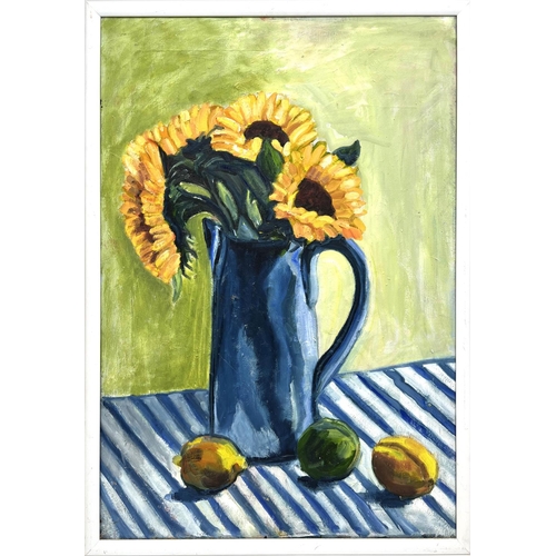 60 - JAYNE POPE (20th Century British) 'Still Life with Sunflowers', oil on canvas, Royal Academy summer ... 