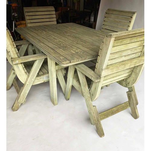 158 - PEPE GARDEN SET, vintage planked and slatted with four armchairs with cushions and table, chairs wit... 