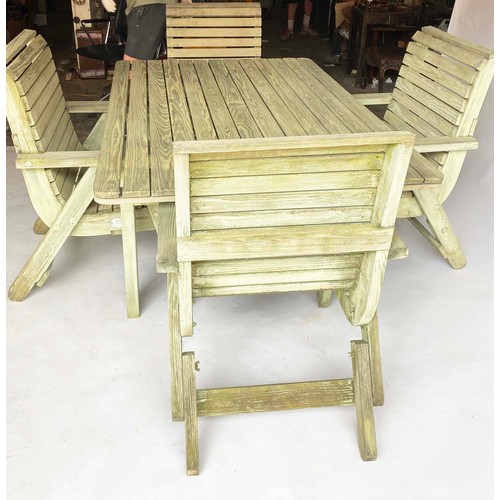 158 - PEPE GARDEN SET, vintage planked and slatted with four armchairs with cushions and table, chairs wit... 