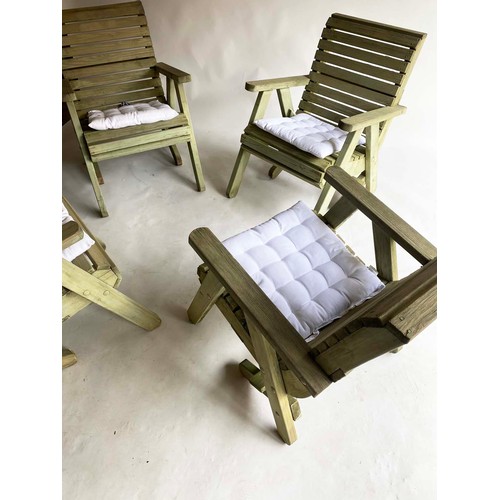 158 - PEPE GARDEN SET, vintage planked and slatted with four armchairs with cushions and table, chairs wit... 