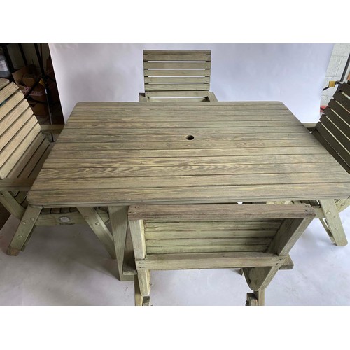 158 - PEPE GARDEN SET, vintage planked and slatted with four armchairs with cushions and table, chairs wit... 