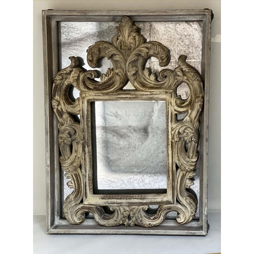 608 - WALL MIRROR, Italian style, crested moulded frame, in a distressed grey painted case with mirrored b... 