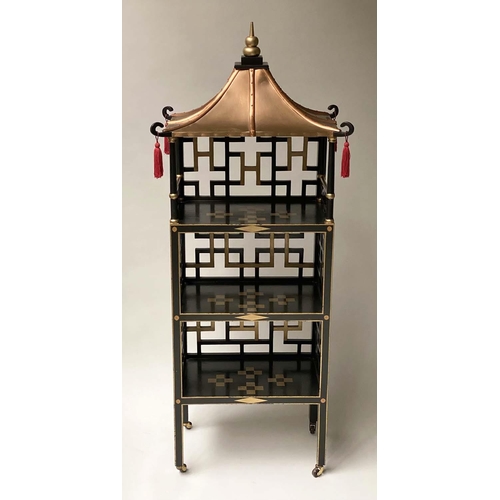 613 - PAGODA SHELVES, Japanese style lacquered and gilt with three shelves, pierced lattice supports and c... 