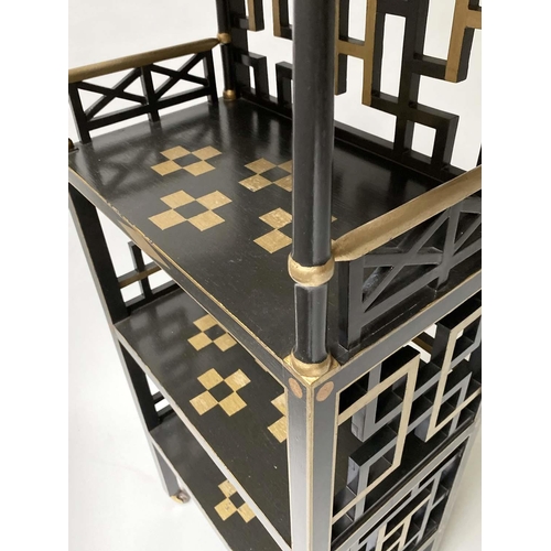 613 - PAGODA SHELVES, Japanese style lacquered and gilt with three shelves, pierced lattice supports and c... 