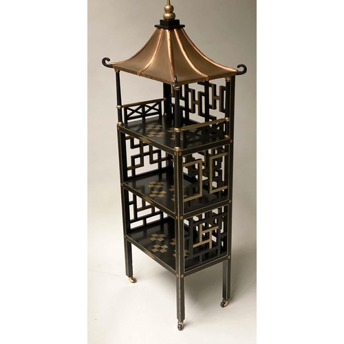 613 - PAGODA SHELVES, Japanese style lacquered and gilt with three shelves, pierced lattice supports and c... 