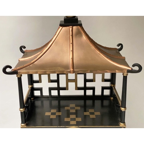 613 - PAGODA SHELVES, Japanese style lacquered and gilt with three shelves, pierced lattice supports and c... 