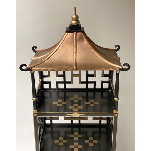 613 - PAGODA SHELVES, Japanese style lacquered and gilt with three shelves, pierced lattice supports and c... 