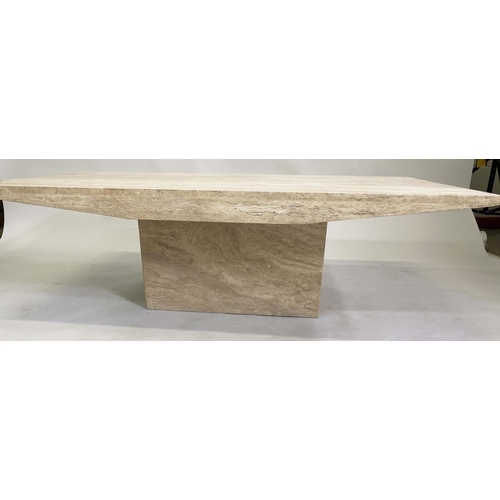 150 - TRAVERTINE LOW TABLE, 1970's rectangular shaped travertine marble with plinth base, 140cm x 80cm x 4... 