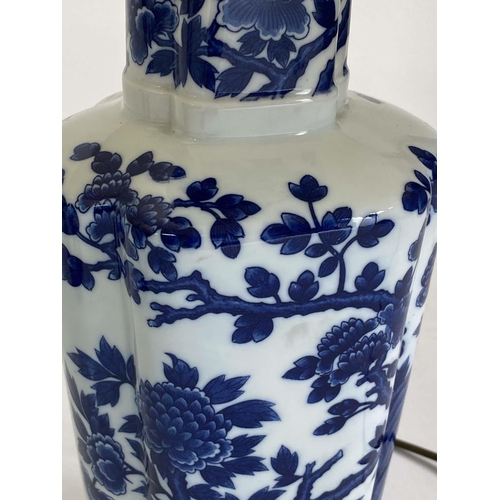 151 - TABLE LAMPS, a pair, blue and white Chinese style ceramic of facetted vase form with pleated shades,... 