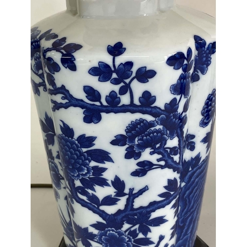 151 - TABLE LAMPS, a pair, blue and white Chinese style ceramic of facetted vase form with pleated shades,... 