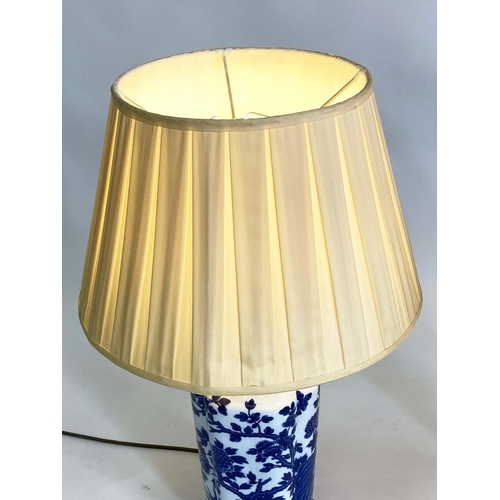 151 - TABLE LAMPS, a pair, blue and white Chinese style ceramic of facetted vase form with pleated shades,... 