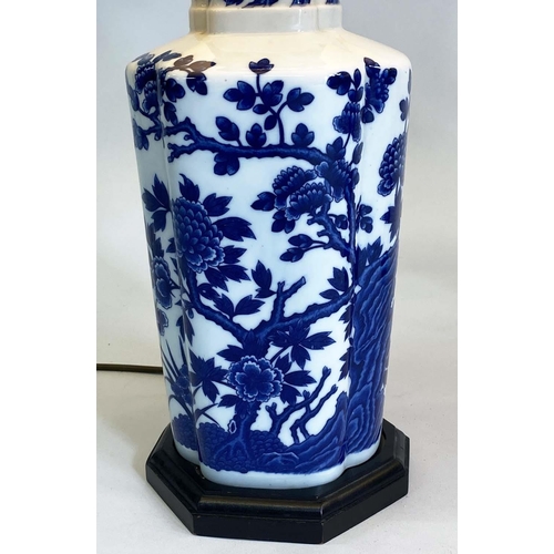 151 - TABLE LAMPS, a pair, blue and white Chinese style ceramic of facetted vase form with pleated shades,... 