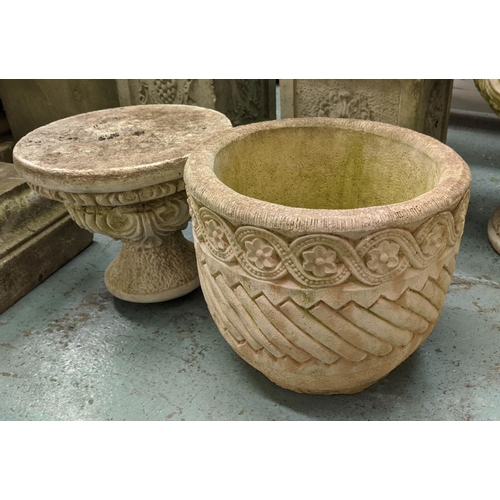 363 - GARDEN URNS, a pair, composite stone, 79cm H x 35cm diam at largest, on differing bases. (2)