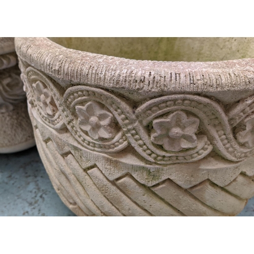 363 - GARDEN URNS, a pair, composite stone, 79cm H x 35cm diam at largest, on differing bases. (2)