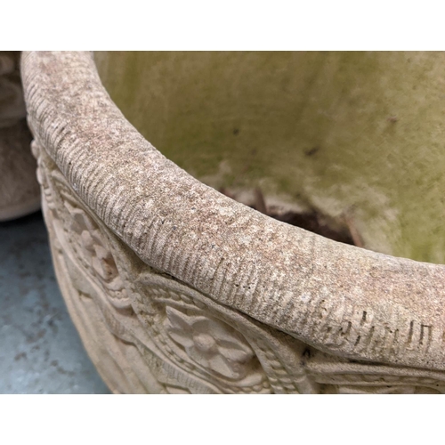 363 - GARDEN URNS, a pair, composite stone, 79cm H x 35cm diam at largest, on differing bases. (2)