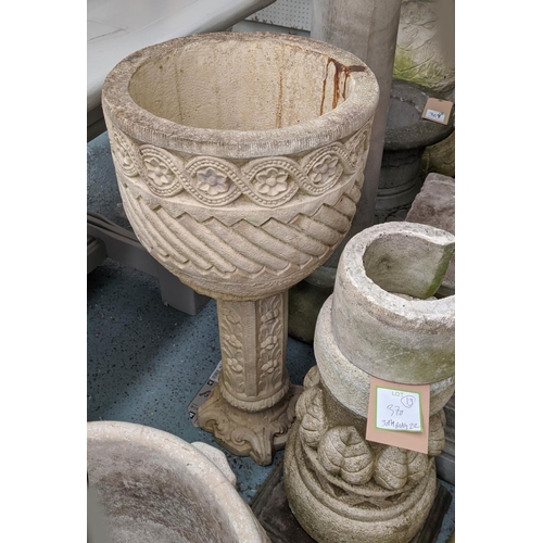 363 - GARDEN URNS, a pair, composite stone, 79cm H x 35cm diam at largest, on differing bases. (2)