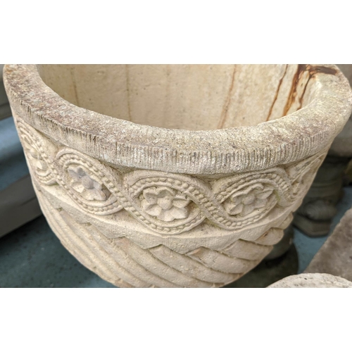 363 - GARDEN URNS, a pair, composite stone, 79cm H x 35cm diam at largest, on differing bases. (2)