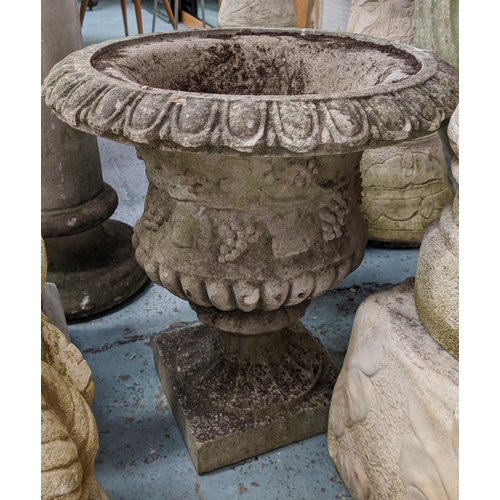 364 - GARDEN URN, 55cm x 55cm diam, composite stone Regency style, grape vine detail.