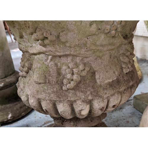 364 - GARDEN URN, 55cm x 55cm diam, composite stone Regency style, grape vine detail.