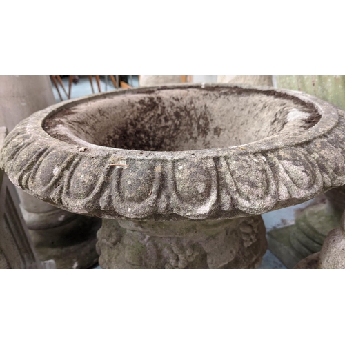 364 - GARDEN URN, 55cm x 55cm diam, composite stone Regency style, grape vine detail.