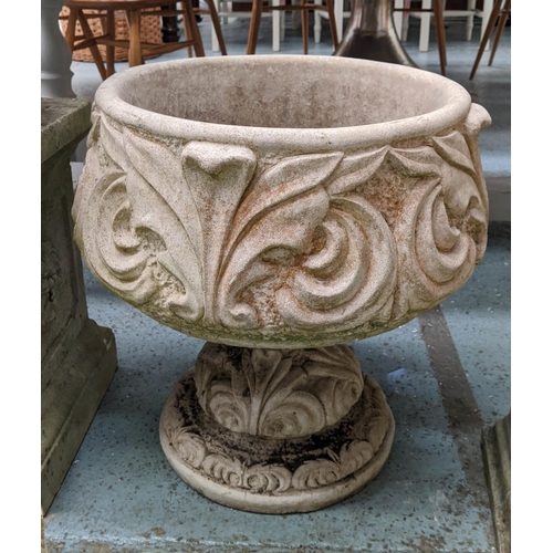 365 - GARDEN URNS, a set of two, composite stone, foliate design, another of swirl design, 67cm x 47cm dia... 