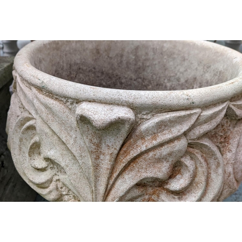 365 - GARDEN URNS, a set of two, composite stone, foliate design, another of swirl design, 67cm x 47cm dia... 