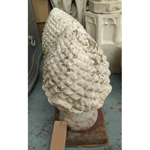 366 - ARCHITECTURAL GARDEN ARTICHOKE FINIALS, a set of three, 60cm H at tallest, composite stone. (3)