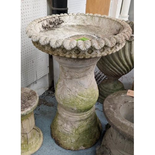 367 - ARCHITECTURAL GARDEN PLANTERS ON STANDS, a pair, composite stone, 79cm x 53cm diam. (2)