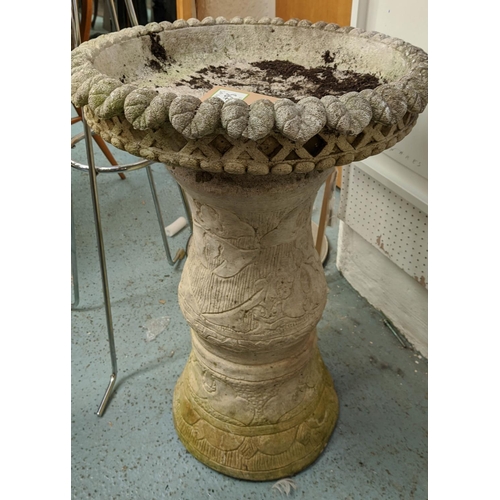 367 - ARCHITECTURAL GARDEN PLANTERS ON STANDS, a pair, composite stone, 79cm x 53cm diam. (2)