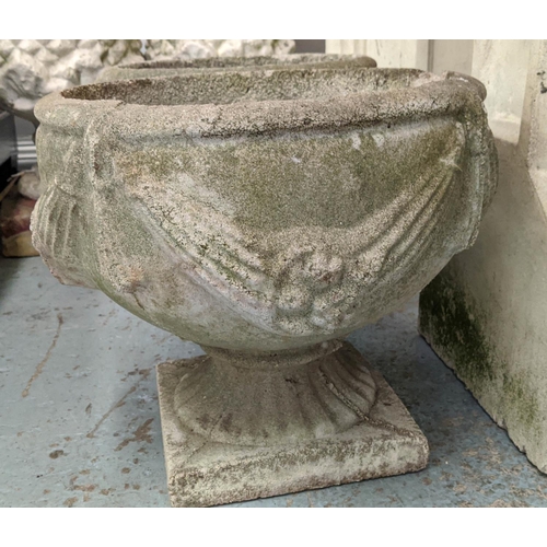 372 - GARDEN URNS, a pair, 33cm x 38cm diam, composite stone, swag detail. (2)