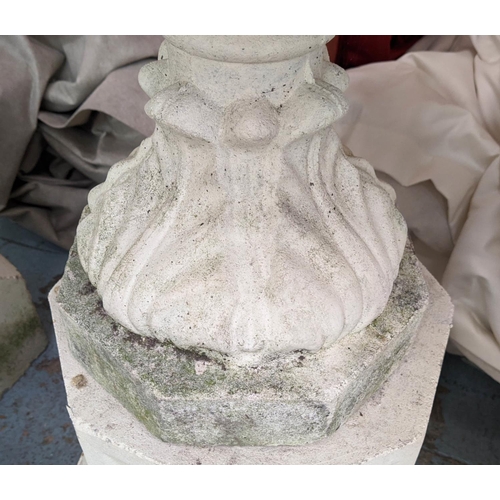 373 - ARCHITECTURAL GARDEN URNS ON STANDS, a pair, 100cm x 47cm diam, composite stone, Gothic revival styl... 