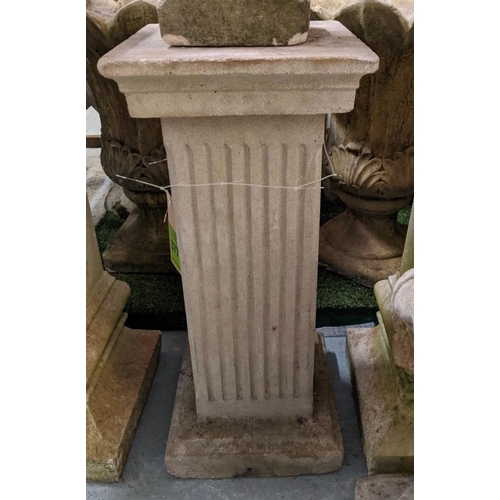 377 - ARCHITECTURAL GARDEN PEDESTALS, a pair and one other, with two decorative disks, 66cm diam, all comp... 