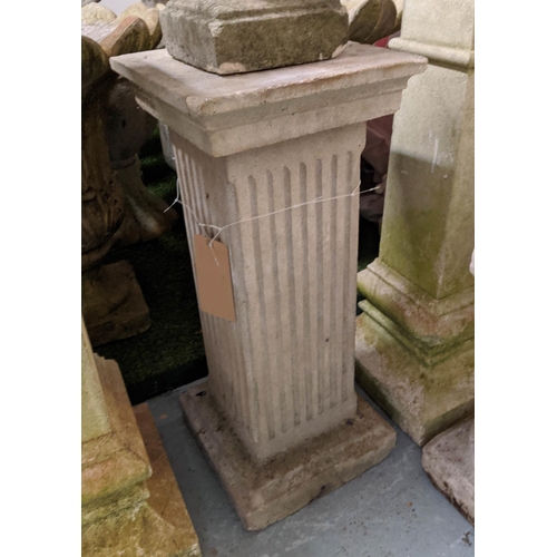 377 - ARCHITECTURAL GARDEN PEDESTALS, a pair and one other, with two decorative disks, 66cm diam, all comp... 