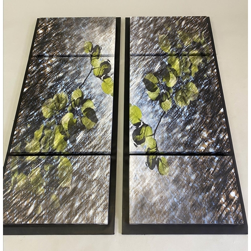 586 - WALL PANELS, a pair, window effect leaf print on canvas, 68cm x 162cm H. (2)