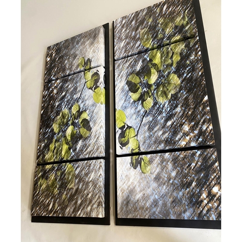 586 - WALL PANELS, a pair, window effect leaf print on canvas, 68cm x 162cm H. (2)