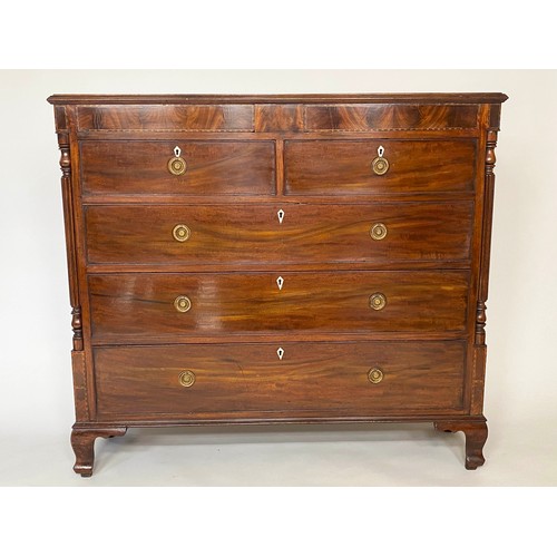 153 - SCOTTISH HALL CHEST, 19th century flame mahogany of adapted shallow proportion with two chest and th... 