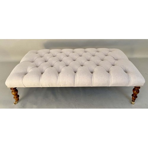 381 - HEARTH STOOL, 35cm x 121cm x 60cm, Victorian style, buttoned neutral upholstered.