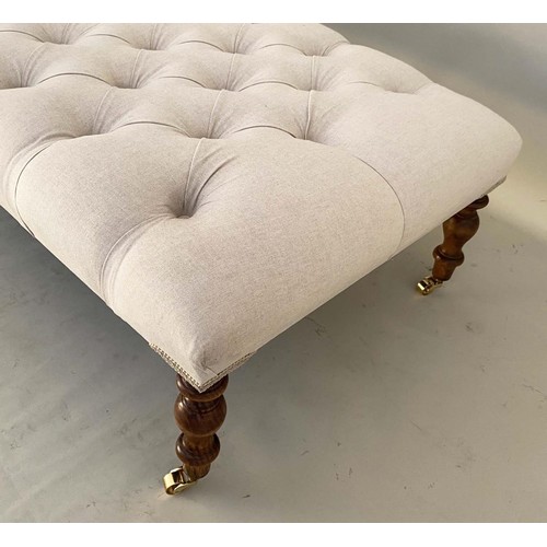 381 - HEARTH STOOL, 35cm x 121cm x 60cm, Victorian style, buttoned neutral upholstered.