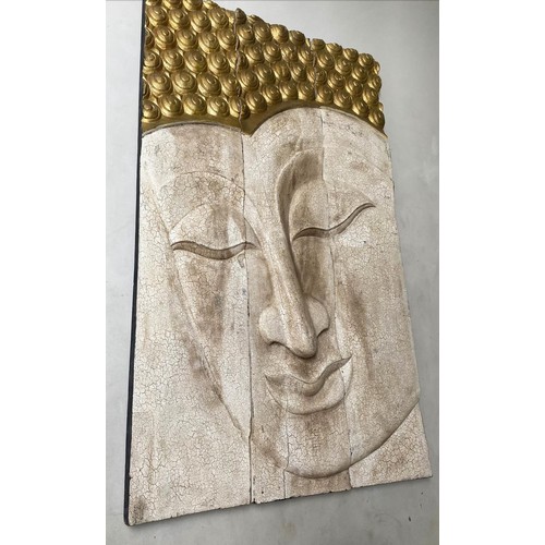 28 - BUDDHA PANELS, a set of three, carved wood gilded and crackelure painted, 93cm W x 150cm H. (3)