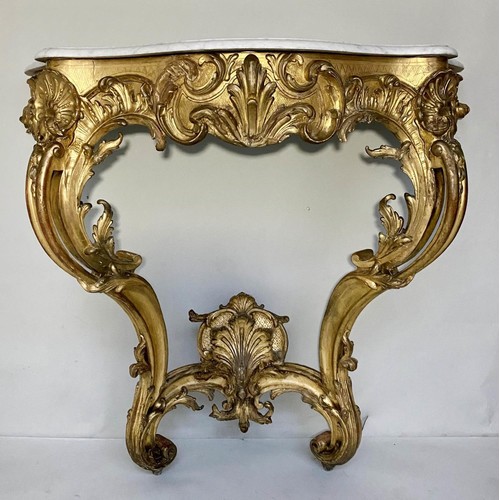 337 - CONSOLE TABLE, 19th century French, giltwood and gesso moulded, in Louis XV style with marble top, 1... 