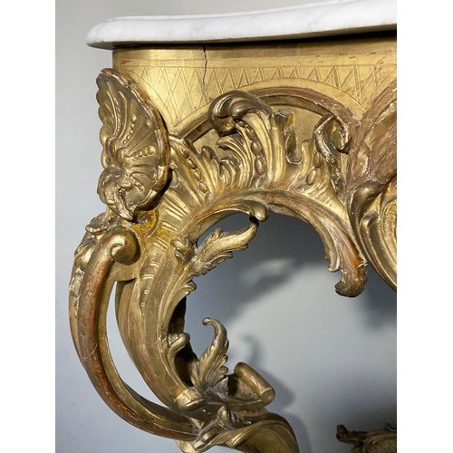 337 - CONSOLE TABLE, 19th century French, giltwood and gesso moulded, in Louis XV style with marble top, 1... 