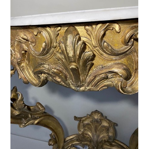 337 - CONSOLE TABLE, 19th century French, giltwood and gesso moulded, in Louis XV style with marble top, 1... 