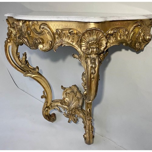 337 - CONSOLE TABLE, 19th century French, giltwood and gesso moulded, in Louis XV style with marble top, 1... 