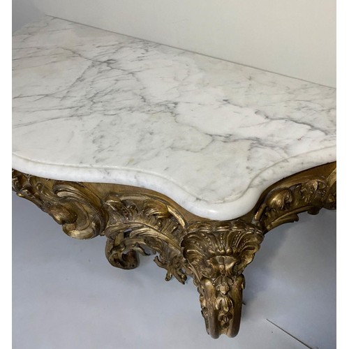 337 - CONSOLE TABLE, 19th century French, giltwood and gesso moulded, in Louis XV style with marble top, 1... 