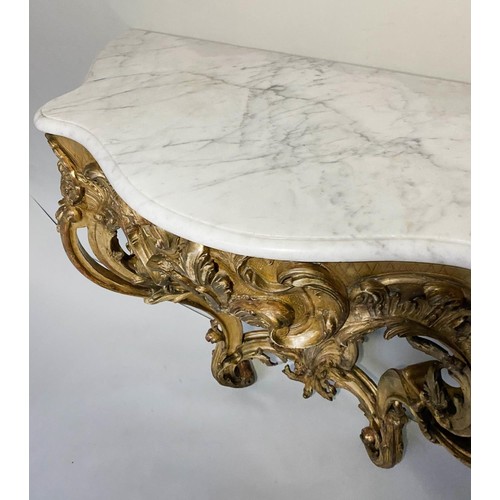 337 - CONSOLE TABLE, 19th century French, giltwood and gesso moulded, in Louis XV style with marble top, 1... 