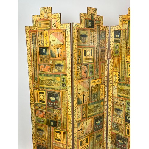 133 - JAPANESE DECOUPAGE FLOOR SCREEN, four-fold, 163cm x 163cm H.