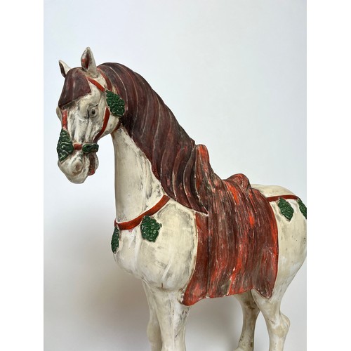 35 - TANG STYLE HORSES, two, painted terracotta, largest 54cm H. (2)