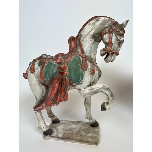 35 - TANG STYLE HORSES, two, painted terracotta, largest 54cm H. (2)